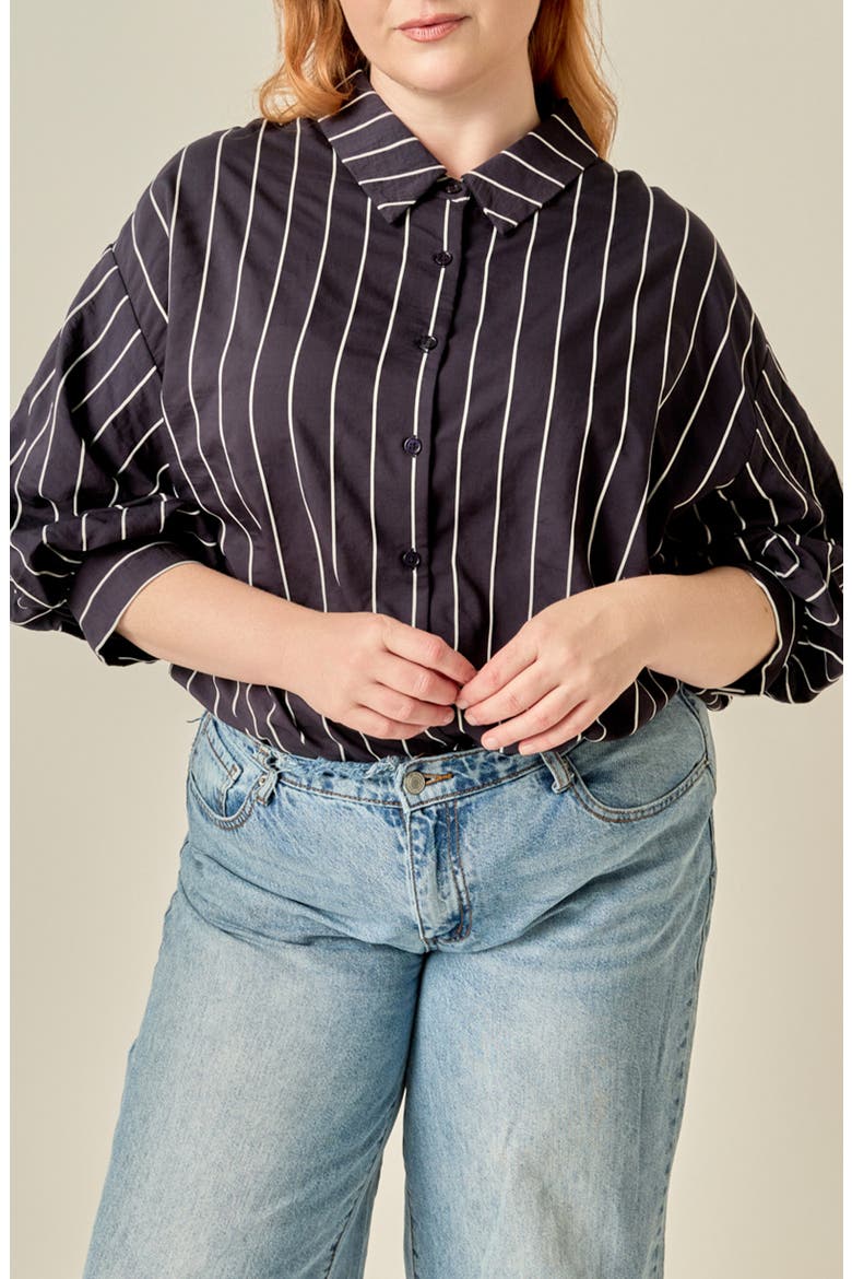 Striped Balloon Sleeve Shirt, Main, color, NAVY/ WHITE
