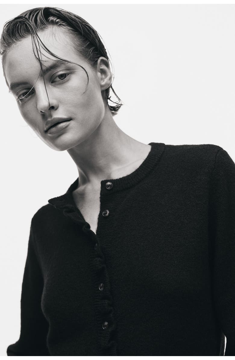 H&M Frill-trimmed Cardigan, Alternate, color, Black