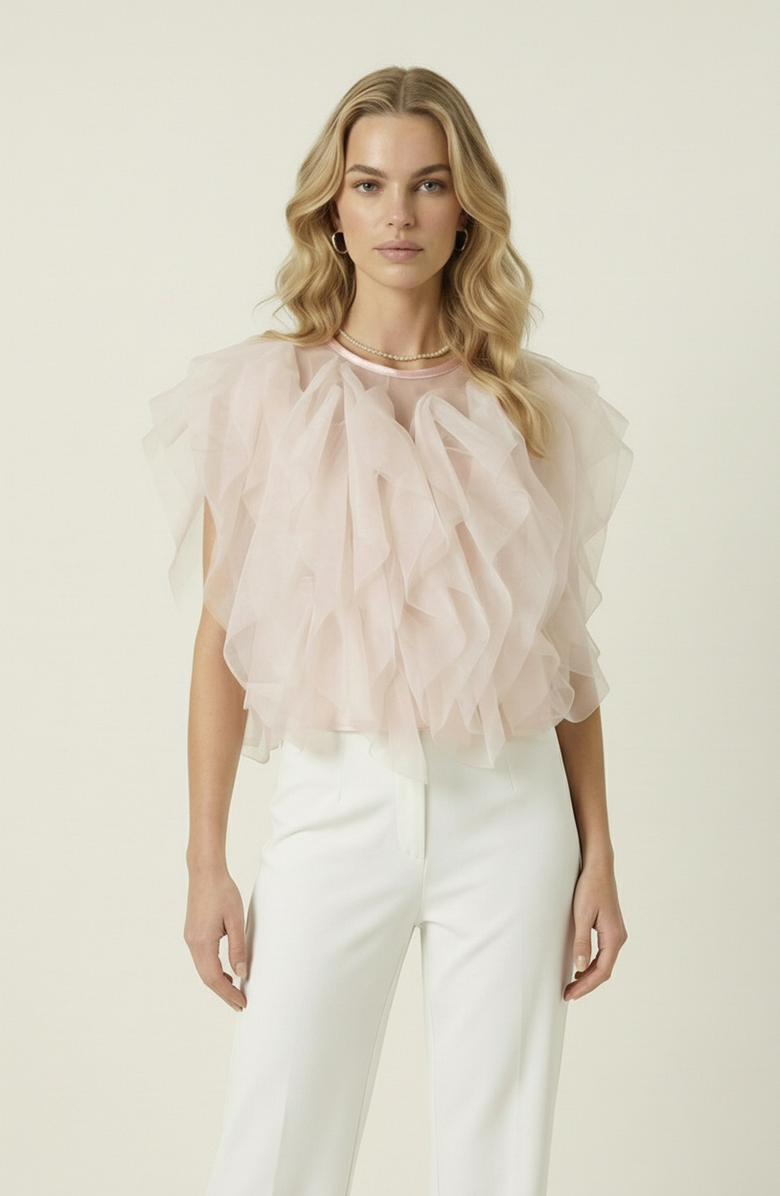 Modenaire Sheer Ruffled Tulle Blouse, Main, color, Pale Pink