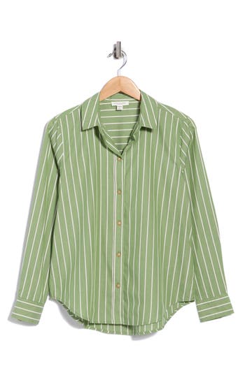 Beachlunchlounge Bentley Stripe Long Sleeve Cotton Button-up Shirt In Peridot