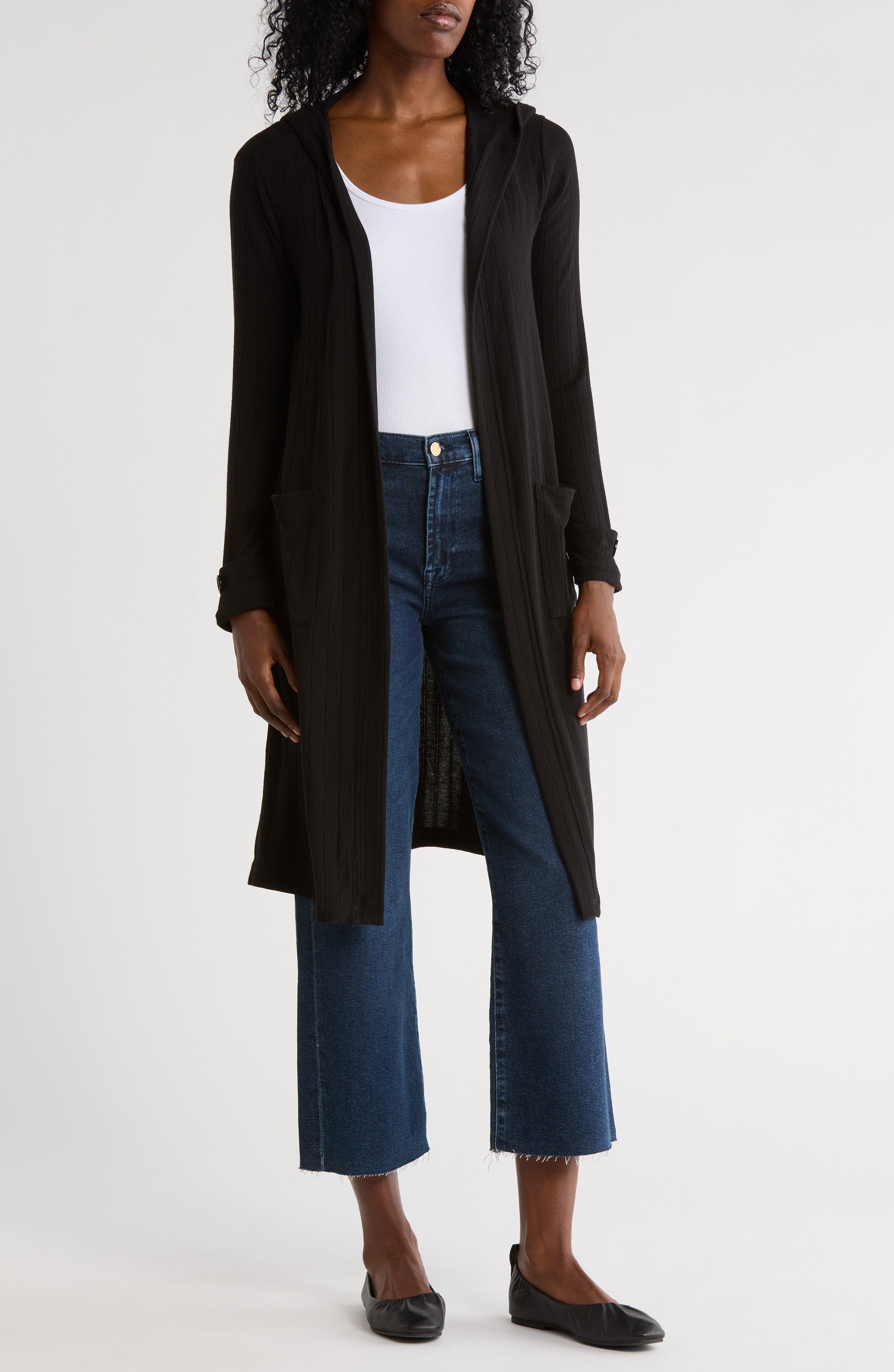 CHENAULT Hooded Ribbed Long Cardigan