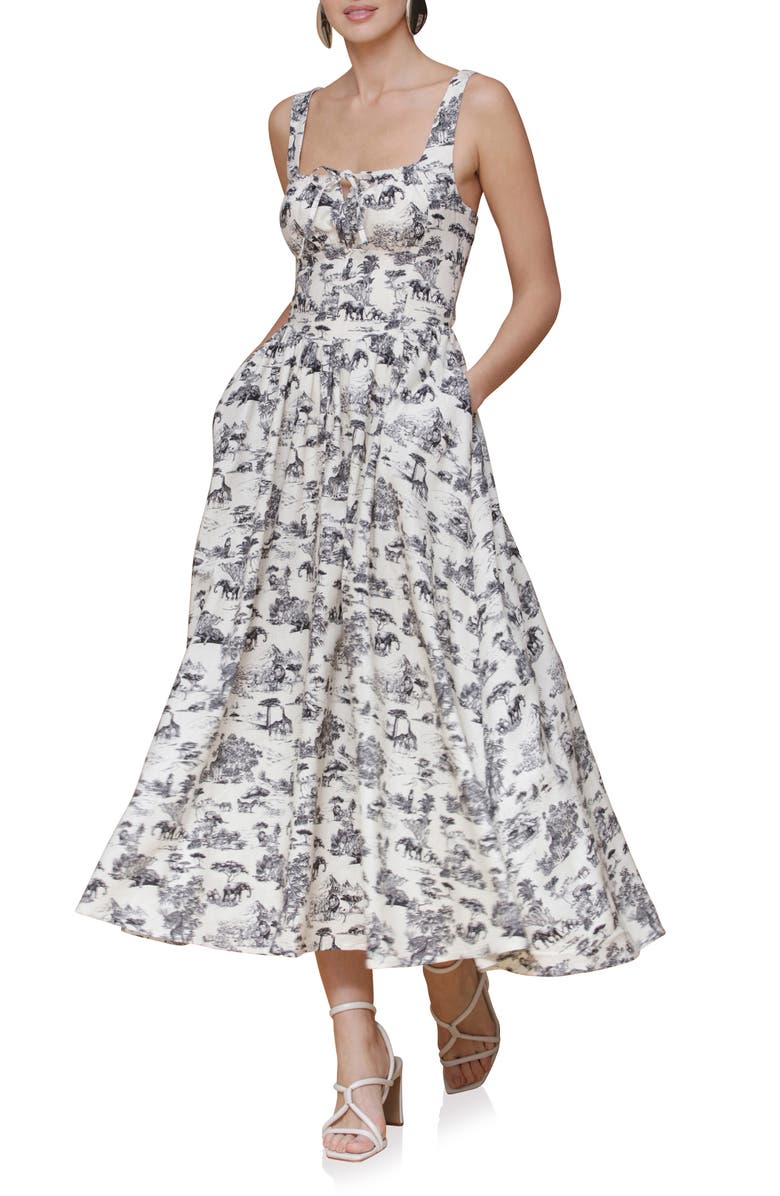 Avec Les Filles Bustier Linen Blend Midi Sundress, Alternate, color, Safari Toile Black