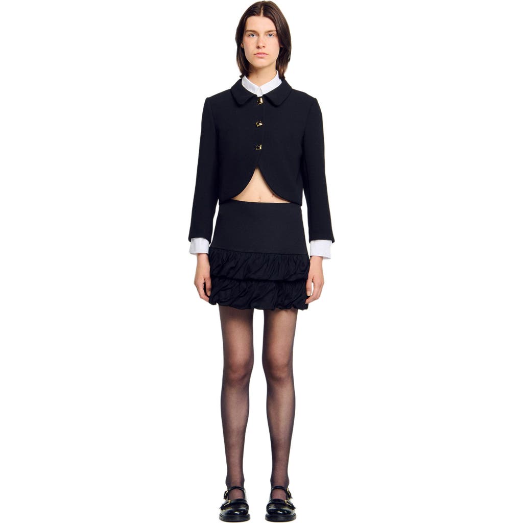 Sandro Mini Ruched Ruffle Skirt In Black
