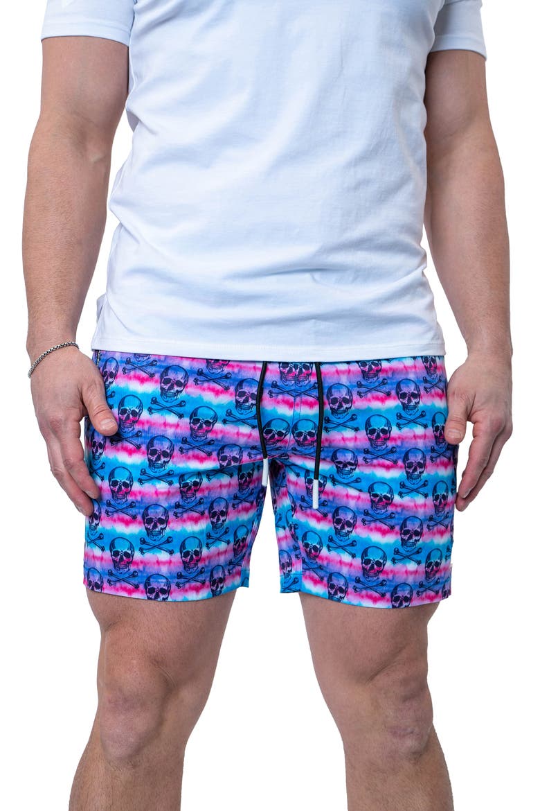 Swim Lion Tie Dye Skull Swim Trunks, Main, color, BLUE MULTI