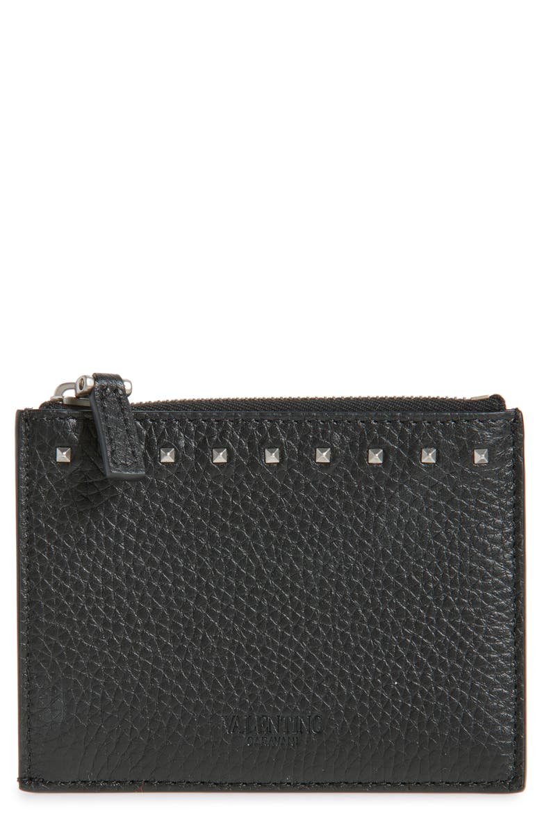 Valentino Garavani Rockstud Leather Card Case Coin Purse, Main, color, Black