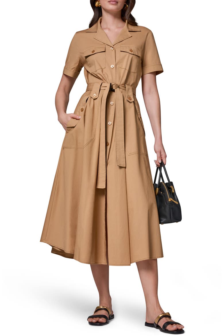Short Sleeve Stretch Cotton Shirtdress, Main, color, FAWN/ BLACK