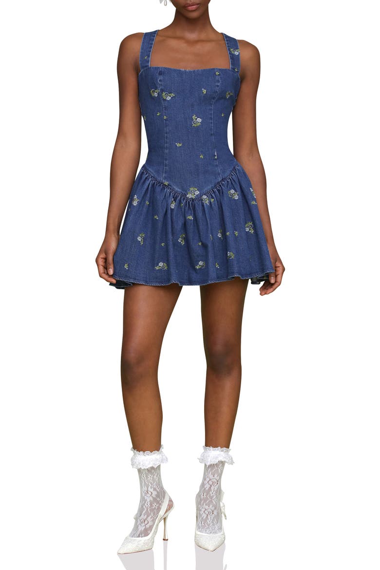 Embroidered Denim Romper, Main, color, KAURI WASH W/ DITSY F