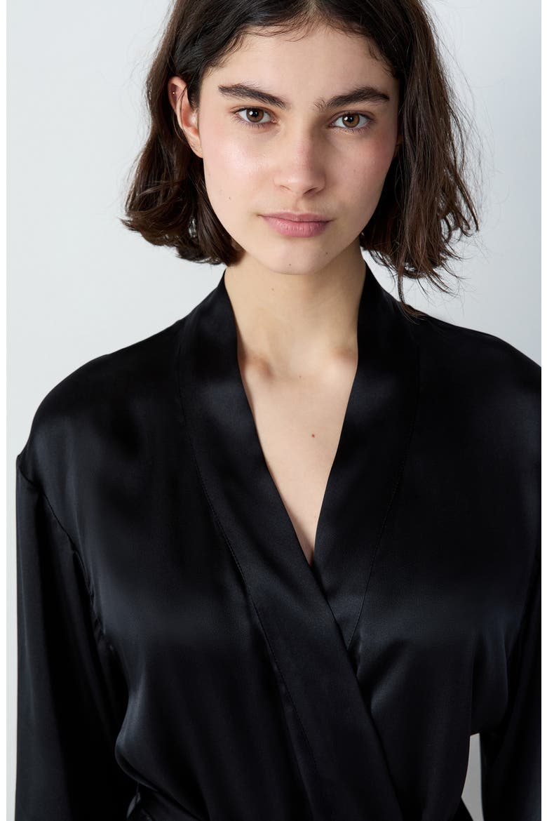 Pearly Deshabille Silk Robe, Alternate, color, BLACK
