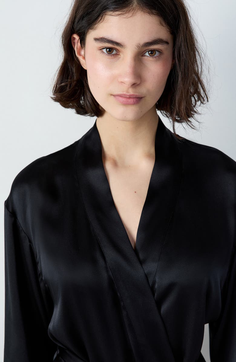 Etam Pearly Deshabille Silk Robe, Alternate, color, Black