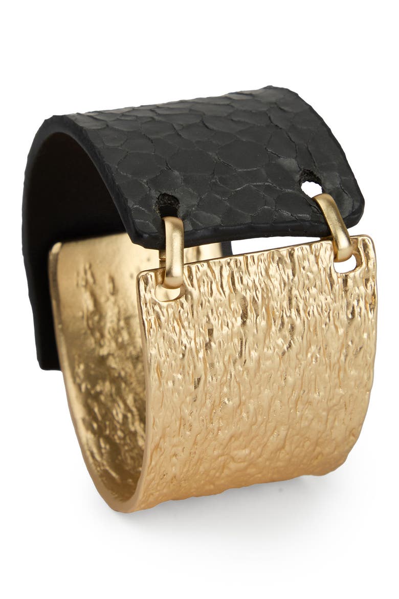 Textured Link Faux Leather Cuff Bracelet, Main, color, GOLD/BLACK