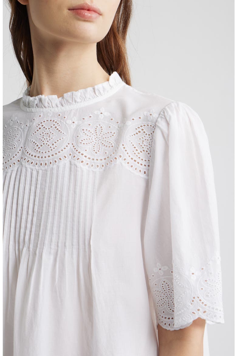 Embroidered Pintuck High Neck Cotton Voile Top, Alternate, color, WHITE