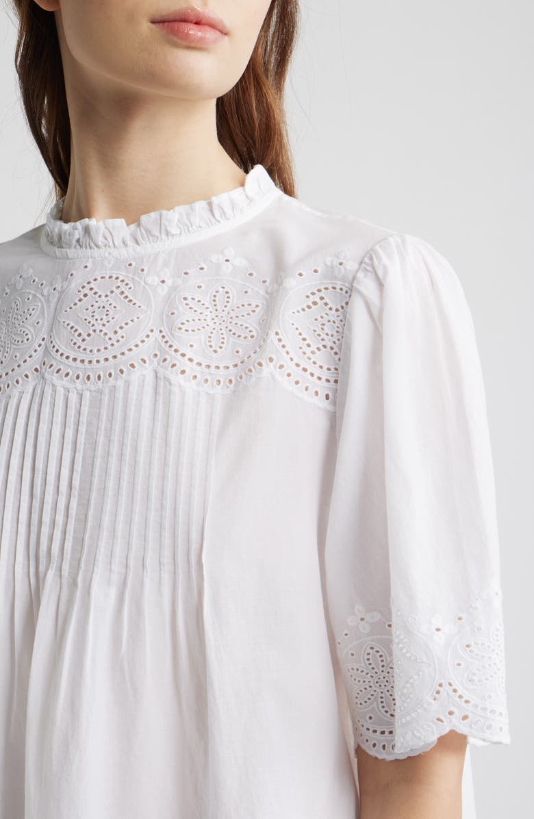 Madewell Embroidered Pintuck High Neck Cotton Voile Top, Alternate, color, White