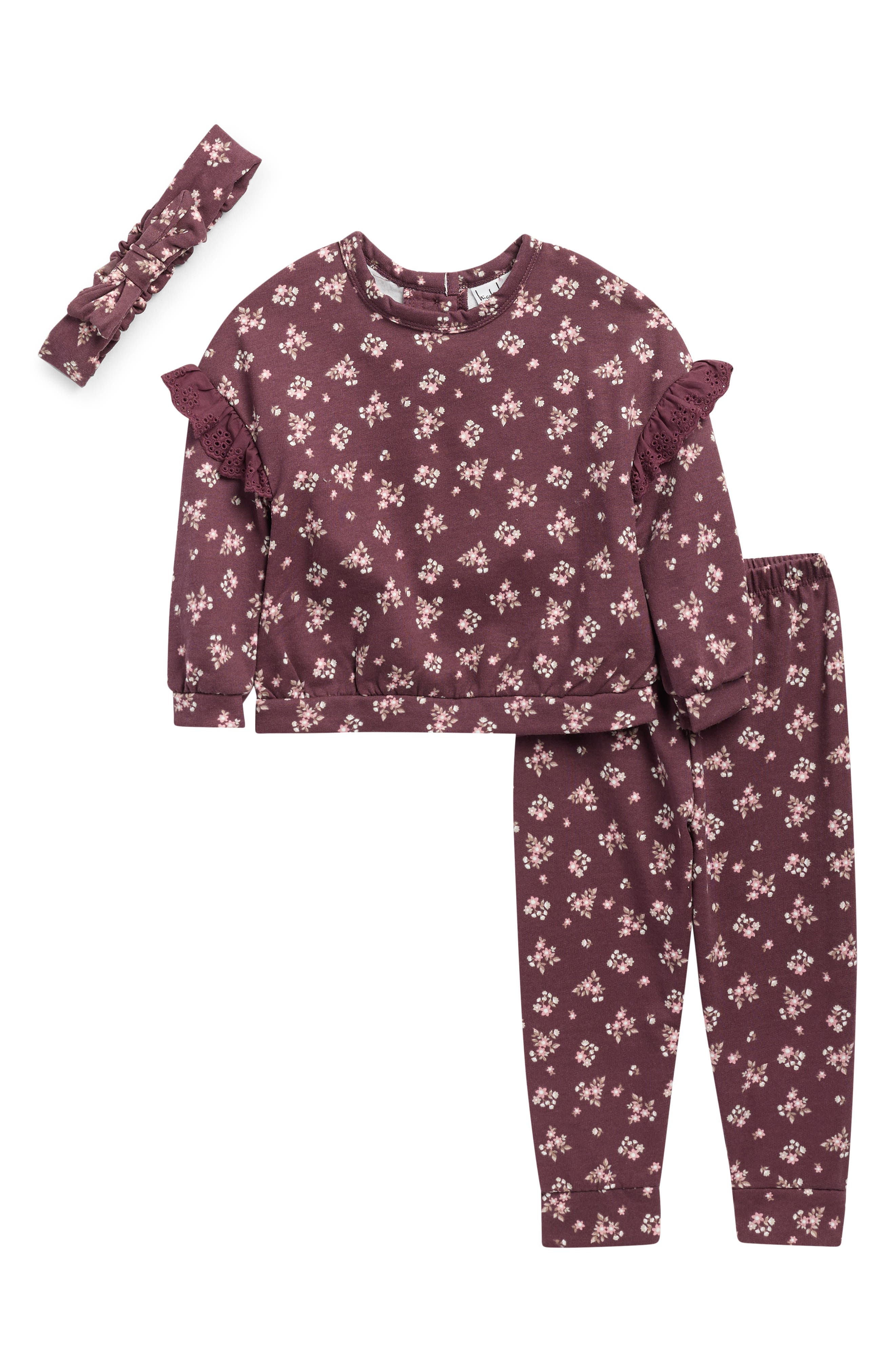 Nicole Miller Floral Ruffle Fleece Sweatshirt, Joggers & Headband Set