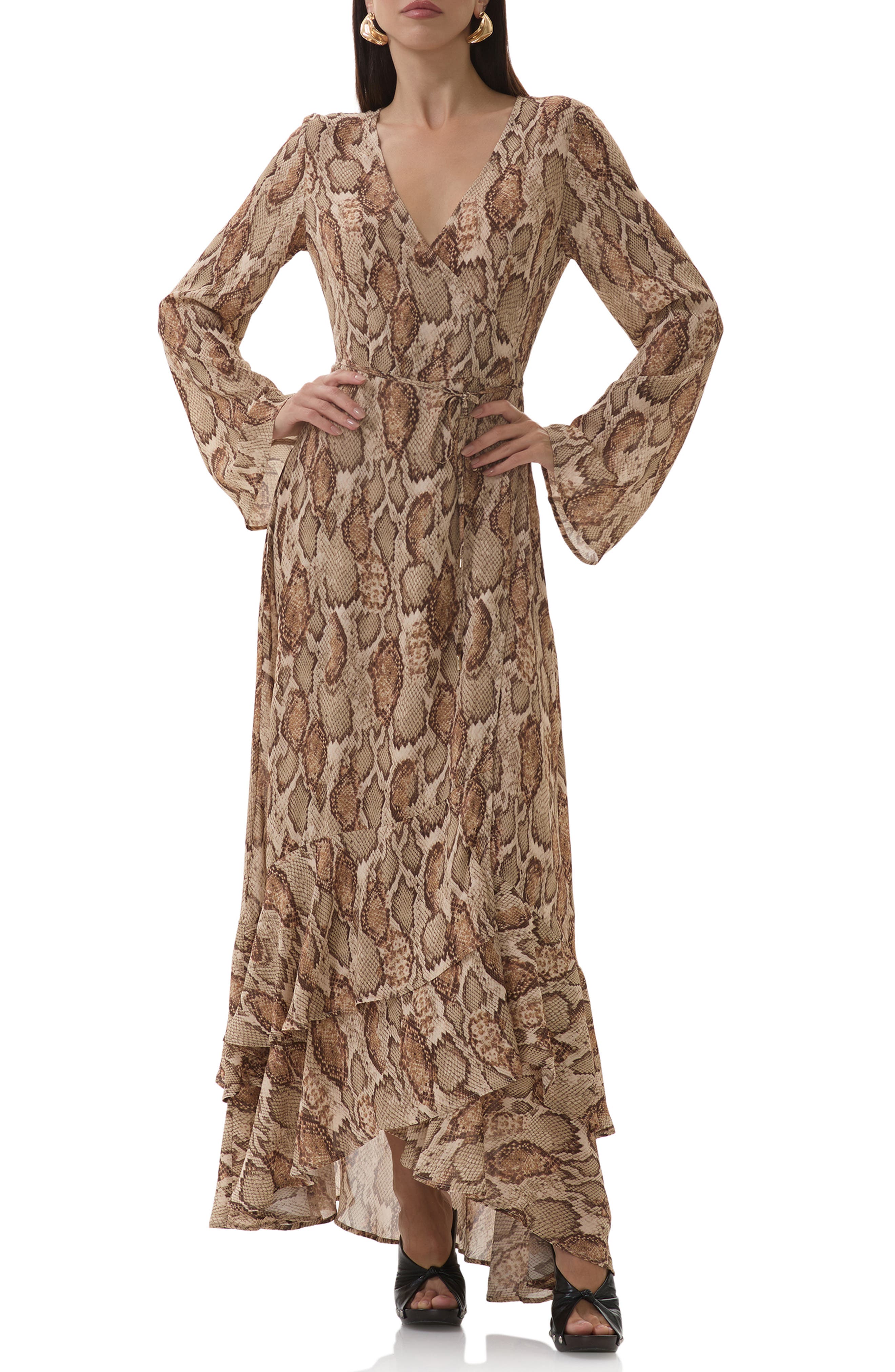 AFRM Mimi Snakeskin Print Long Sleeve Wrap Dress