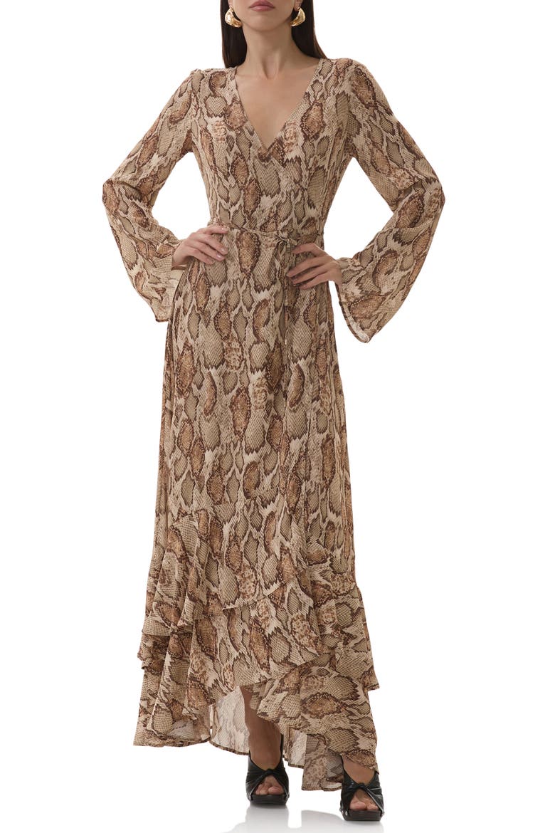 Mimi Snakeskin Print Long Sleeve Wrap Dress, Main, color, SAND SNAKE