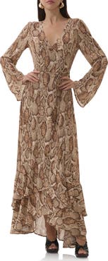 AFRM Mimi Snakeskin Print Long Sleeve Wrap Dress