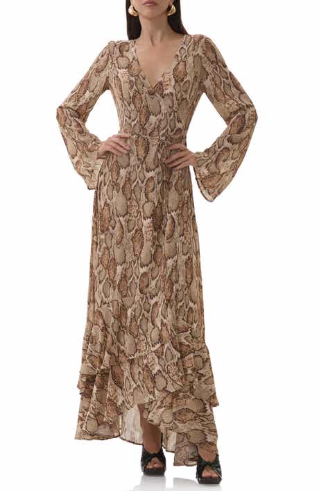 AFRM Mimi Snakeskin Print Long Sleeve Wrap Dress