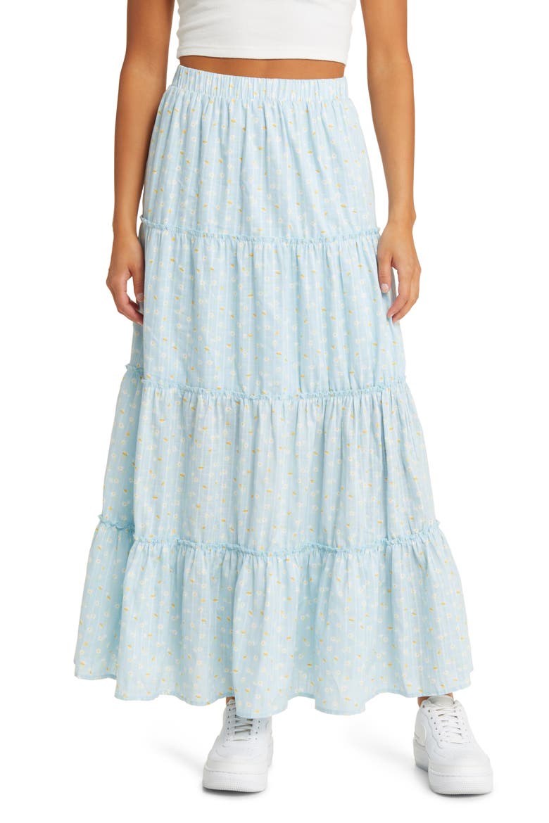 Tiered Cotton Maxi Skirt, Main, color, BLUE LIGHT DITSY FLORAL