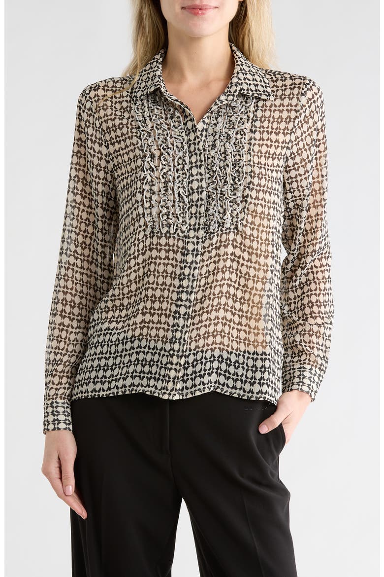 Frilly Button-Up Shirt, Main, color, IVORY/ BLACK GEOMETRIC