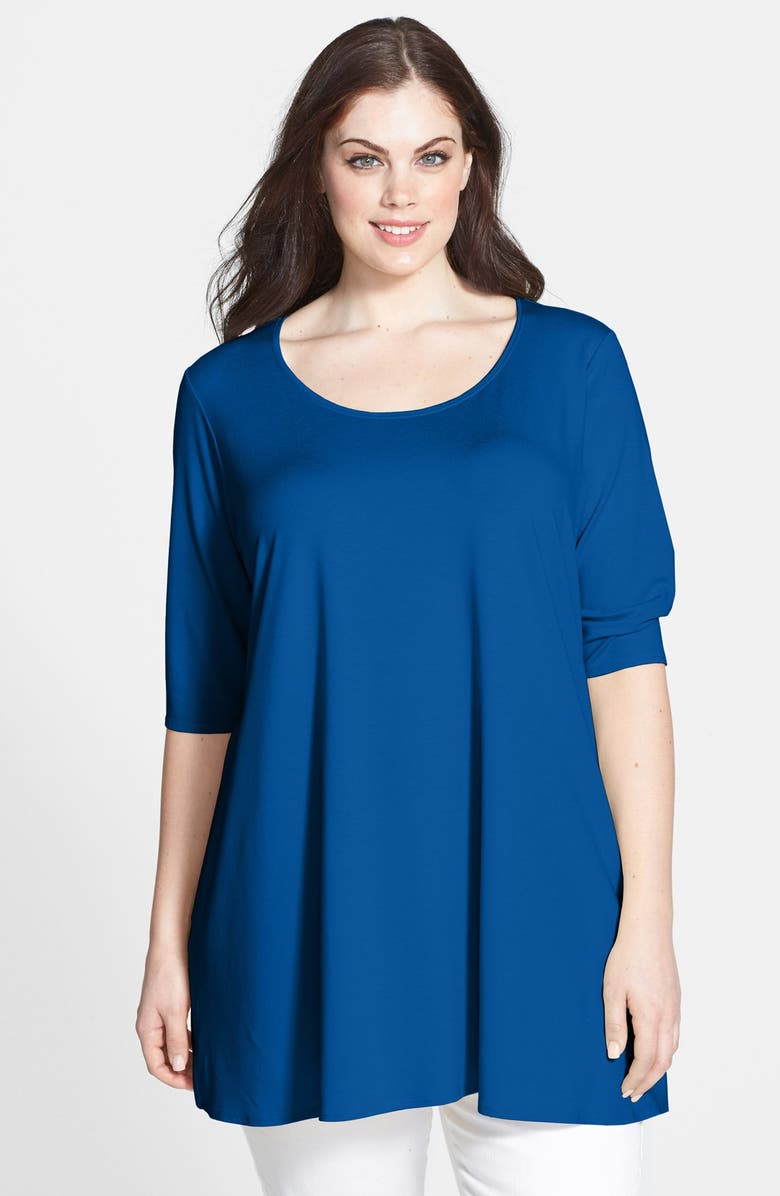 Eileen Fisher Scoop Neck Elbow Sleeve Jersey Tunic, Main, color, Bluette