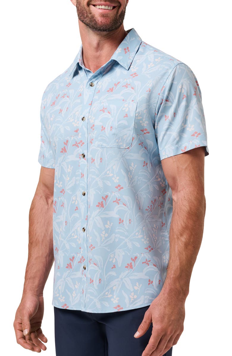 TravisMathew Techwoven Coast Floral Short Sleeve Performance Button-Up Shirt, Alternate, color, Forget Me Not