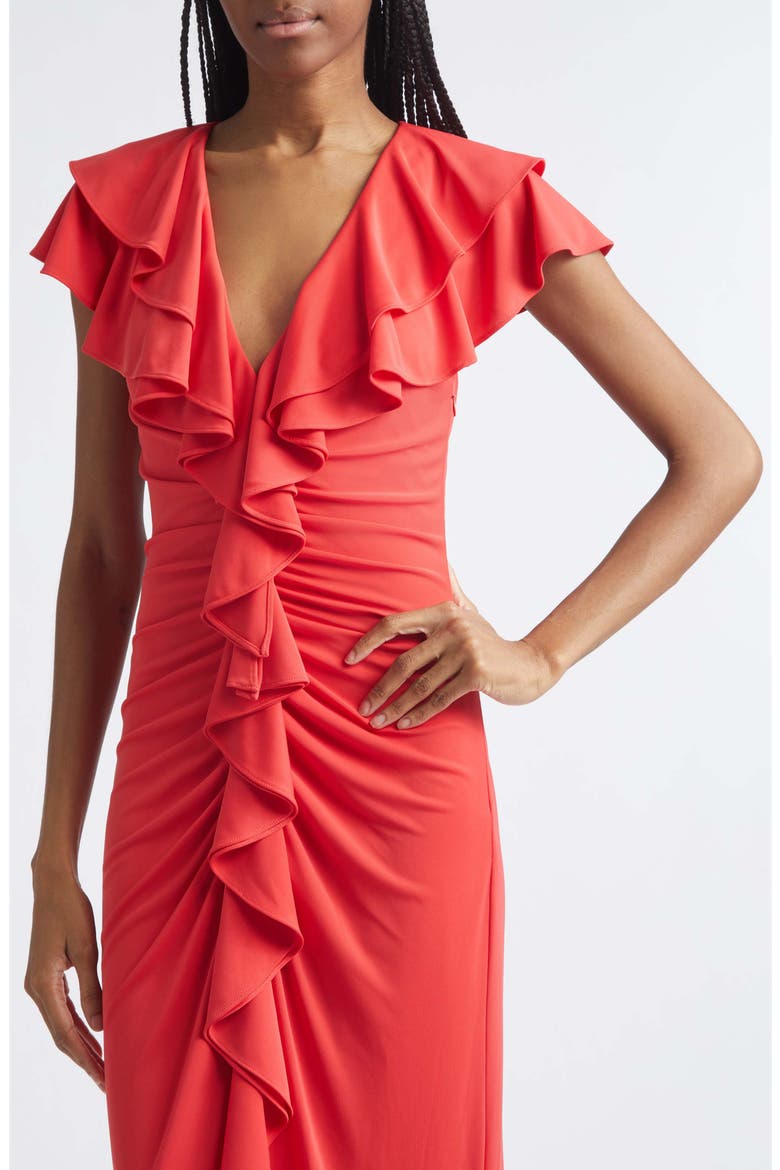 Tallis Ruffle Ruched V Neck Midi Dress, Alternate, color, CRIMSON AURA
