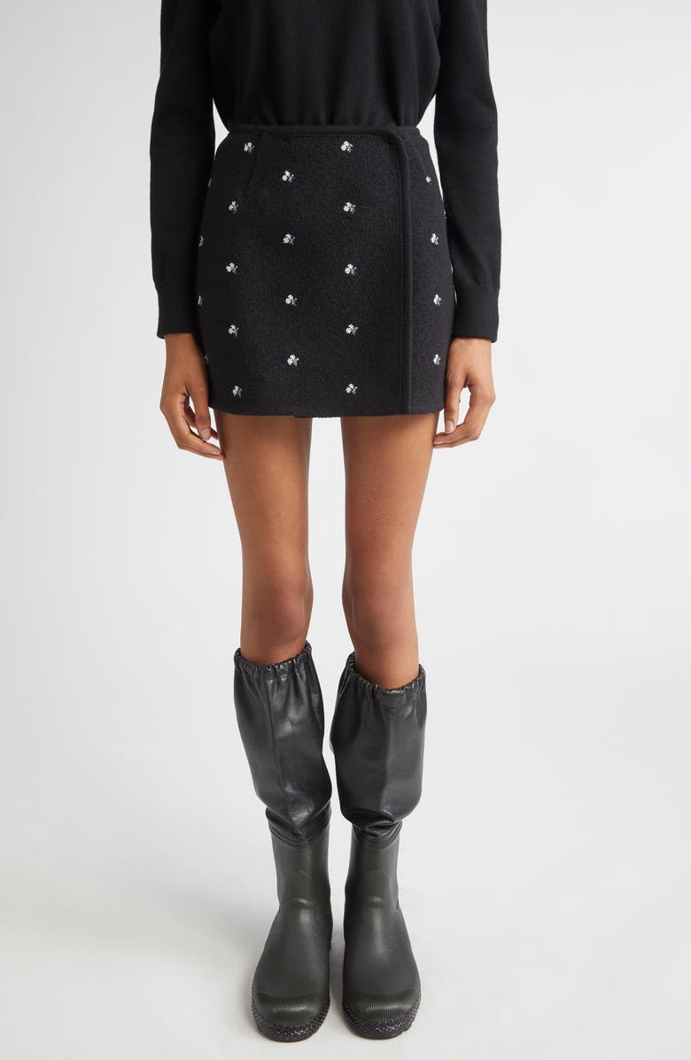 RIER Walker Floral Embroidered Wool Wrap Miniskirt, Main, color, Black Flowers