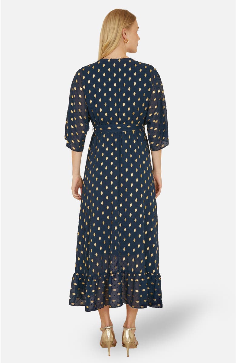 Yumi Foil Print Wrap Over Dress, Alternate, color, Navy