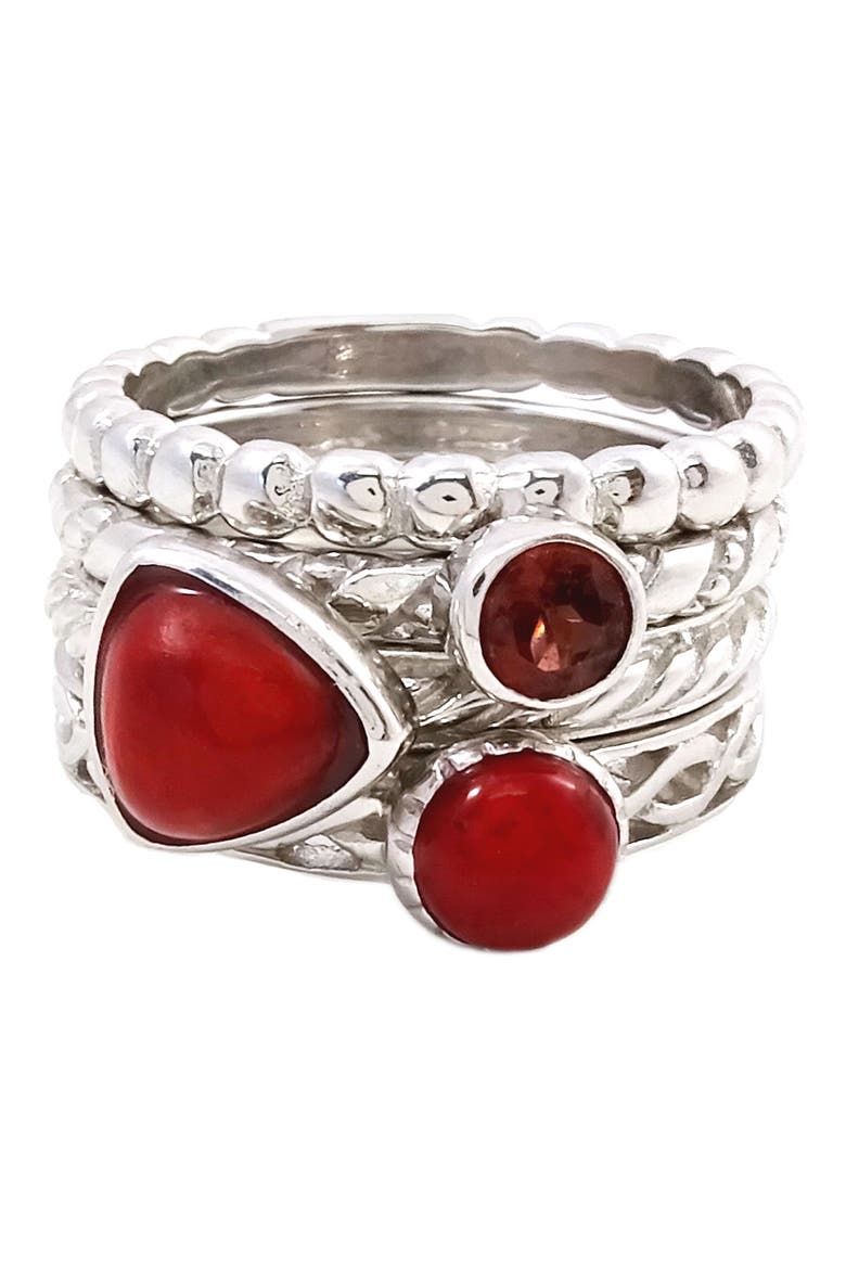Sterling Silver Red Coral & Garnet Stackable Ring Set, Main, color, RED