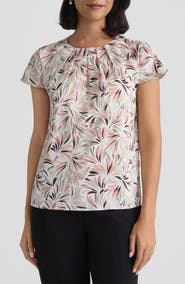 KASPER Pleated Neck Fan Print Top