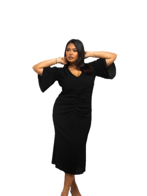 Ruched Flutter Sleeve Midi Dress