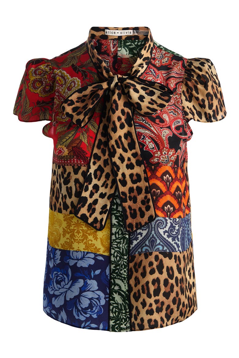 Jeannie Piped Bow Silk Top, Alternate, color, OFF THE GRID