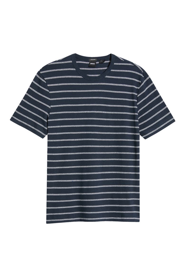 Taut Stripe Linen & Cotton T-Shirt, Alternate, color, DARK BLUE