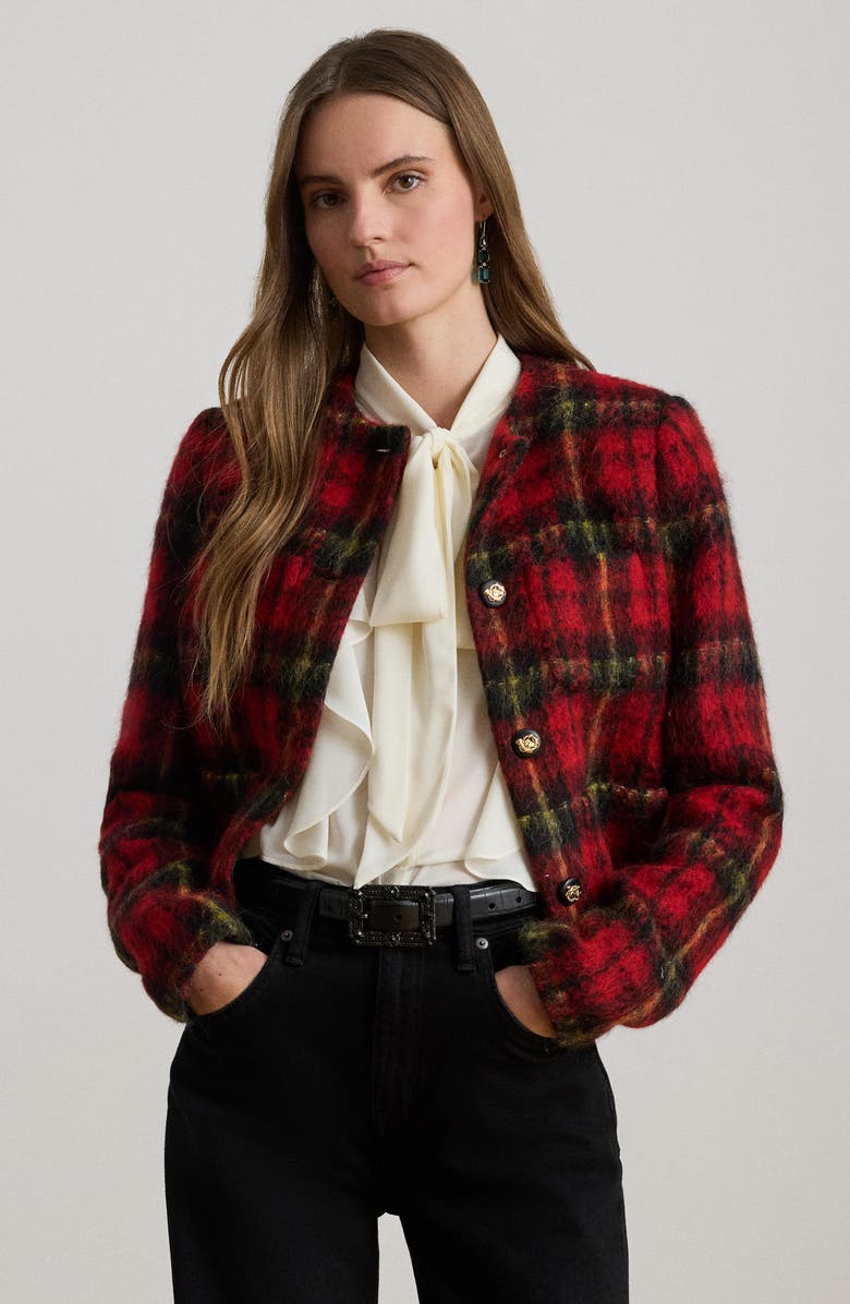 Lauren Ralph Lauren Plaid Crop Jacket, Alternate, color, Red/ Black/ Yellow Multi