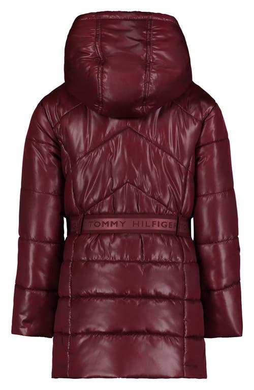 Tommy Hilfiger Kids' Logo Belted Waist Hooded Puffer Jacket In Burgundy