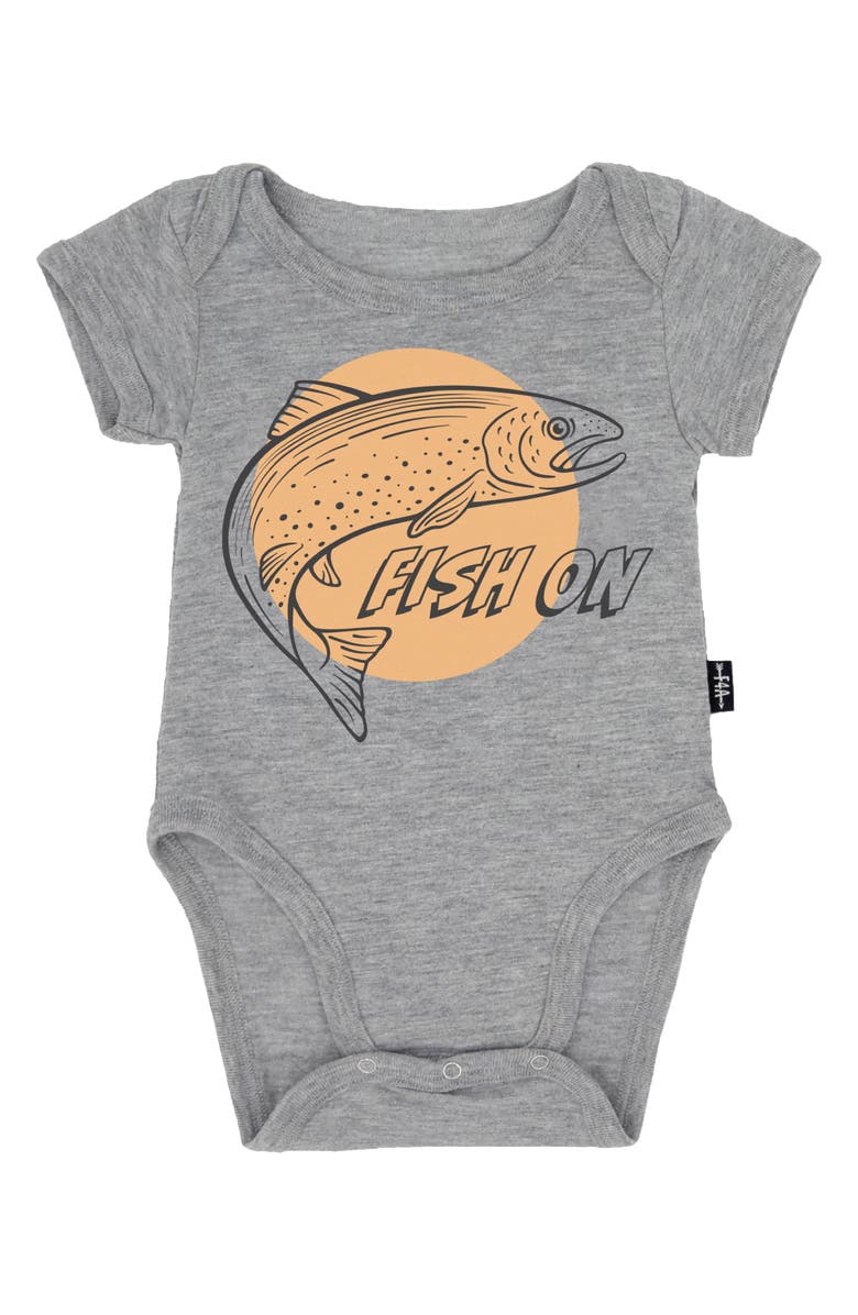 Feather 4 Arrow Fish Print Cotton Bodysuit, Main, color, Heather Grey