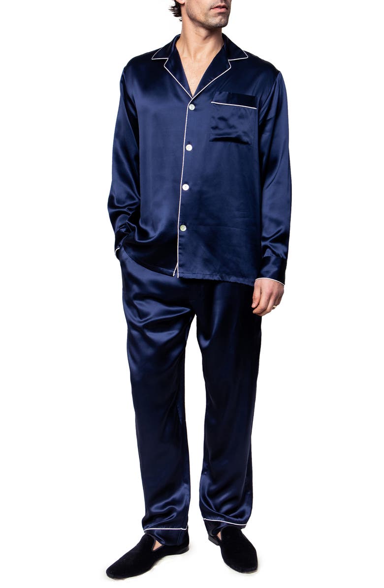Petite Plume Navy Piped Silk Pajamas, Main, color, Navy