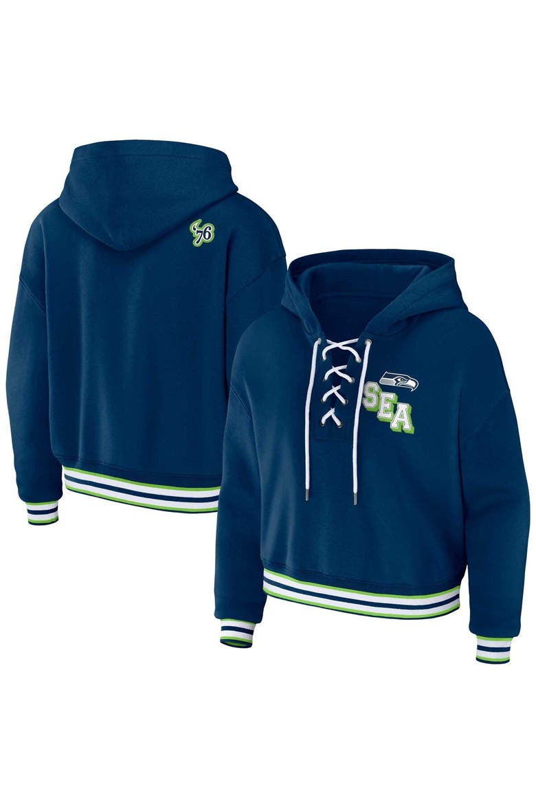 Women's WEAR by Erin Andrews Navy Seattle Seahawks Lace-Up Pullover Hoodie, Main, color, Navy
