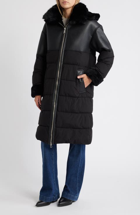 Mixed Media Faux Shearling Puffer Coat with Removable Hood