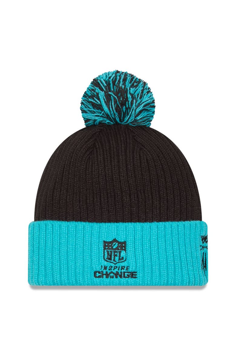 New Era Men's New Era Black/Aqua Miami Dolphins 2024 Inspire Change Cuffed Knit Hat with Pom, Alternate, color,