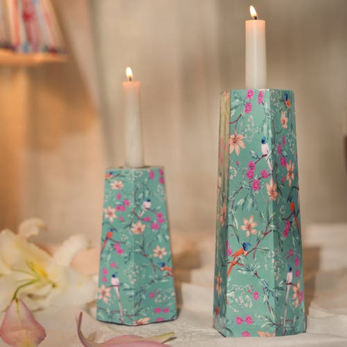 Mela Artisans Aqua Flora Hexagonal Candleholders In Green