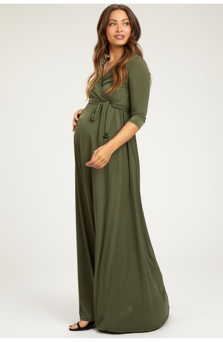 PinkBlush Draped 3/4 Sleeve Maternity Maxi Dress, Main, color, Olive Green