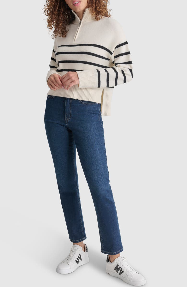 DKNY Jeans Stripe Quarter Zip Sweater, Alternate, color, Eggnog/ Black