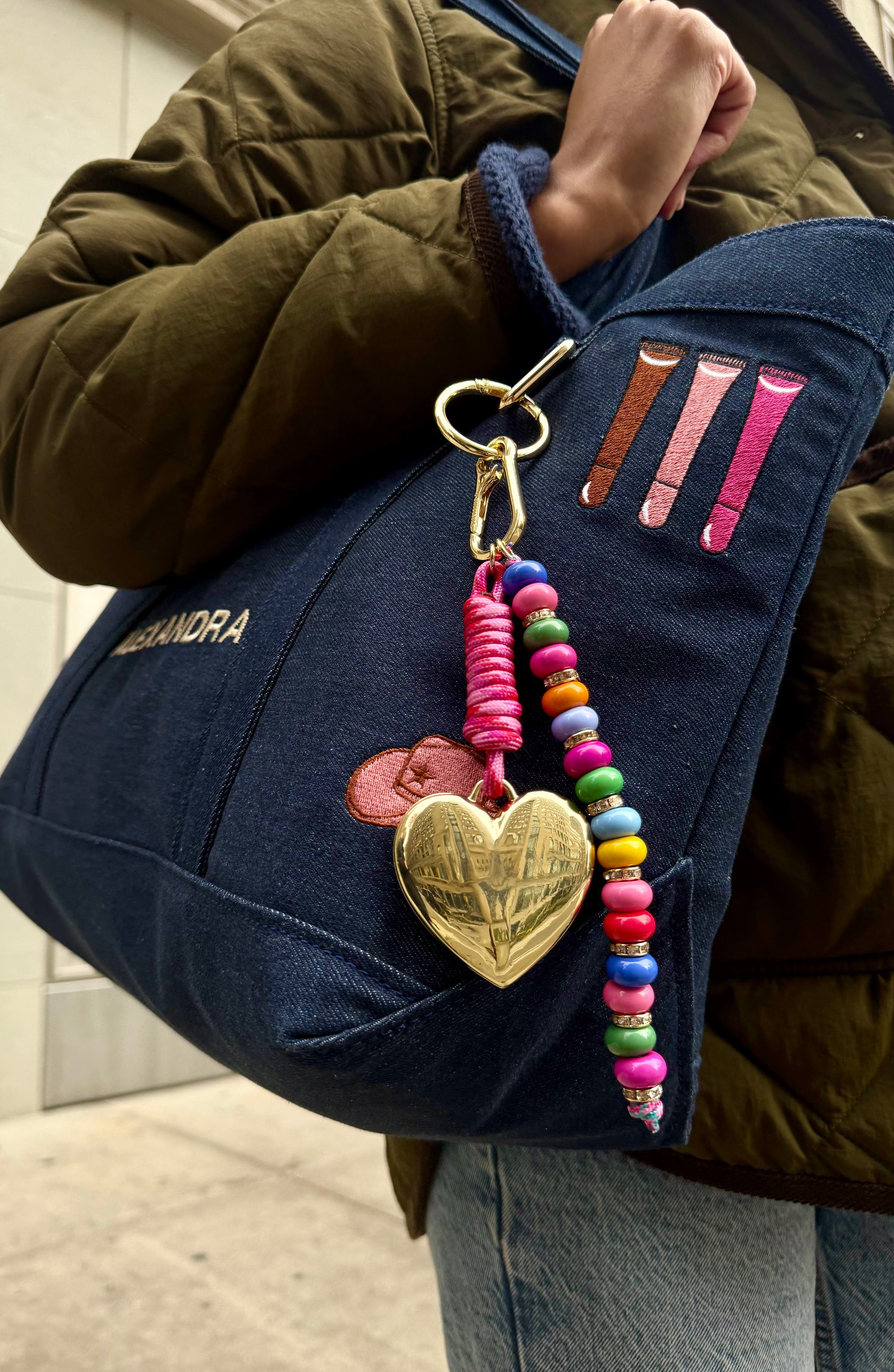 BaubleBar Statement Heart Beaded Key Ring Bag Charm, Alternate, color, Pink Multi