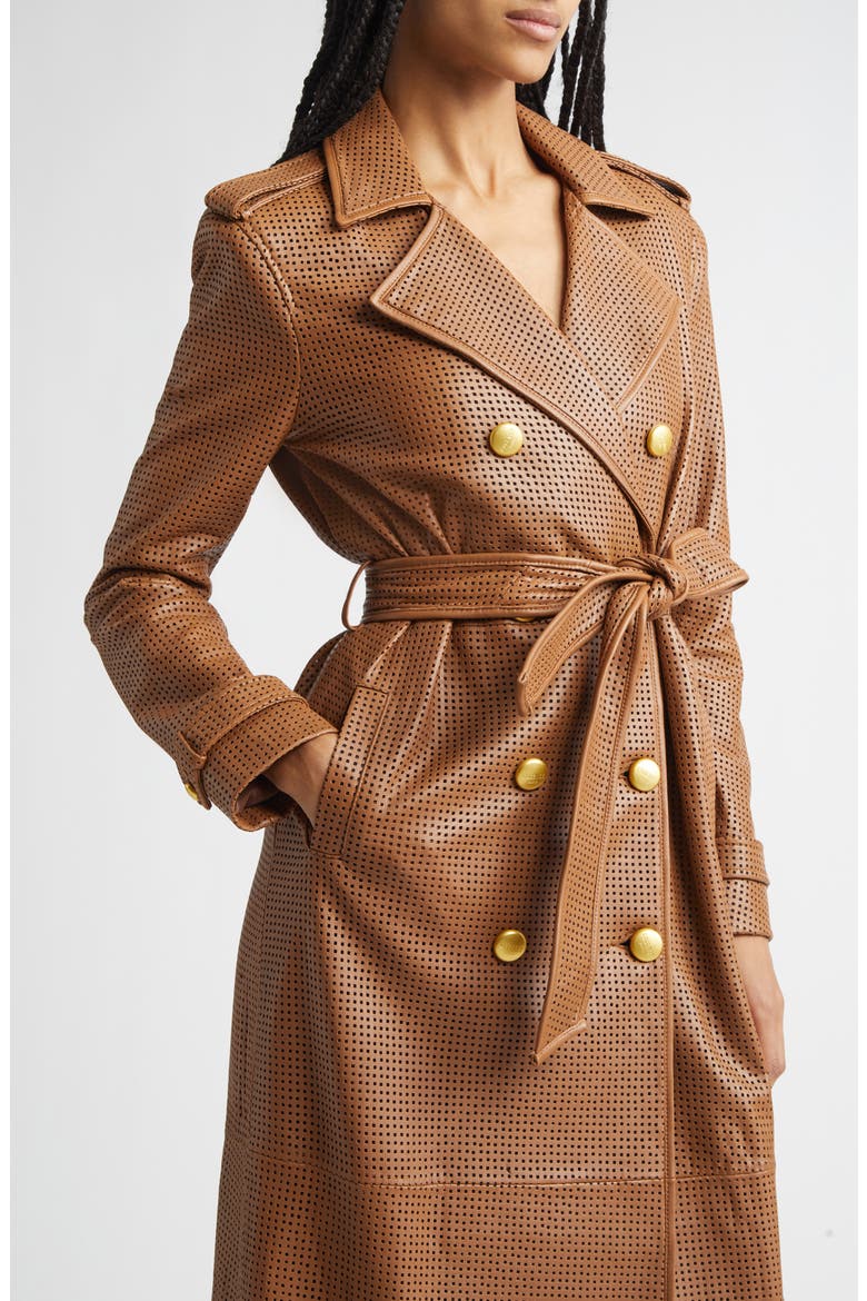Baylee Perforated Leather Trench Coat, Alternate, color, SOFT COGNAC