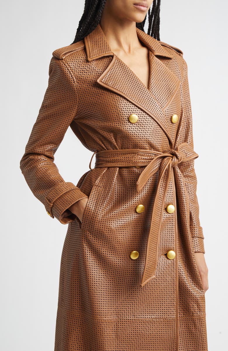 L'AGENCE Baylee Perforated Leather Trench Coat, Alternate, color, Soft Cognac