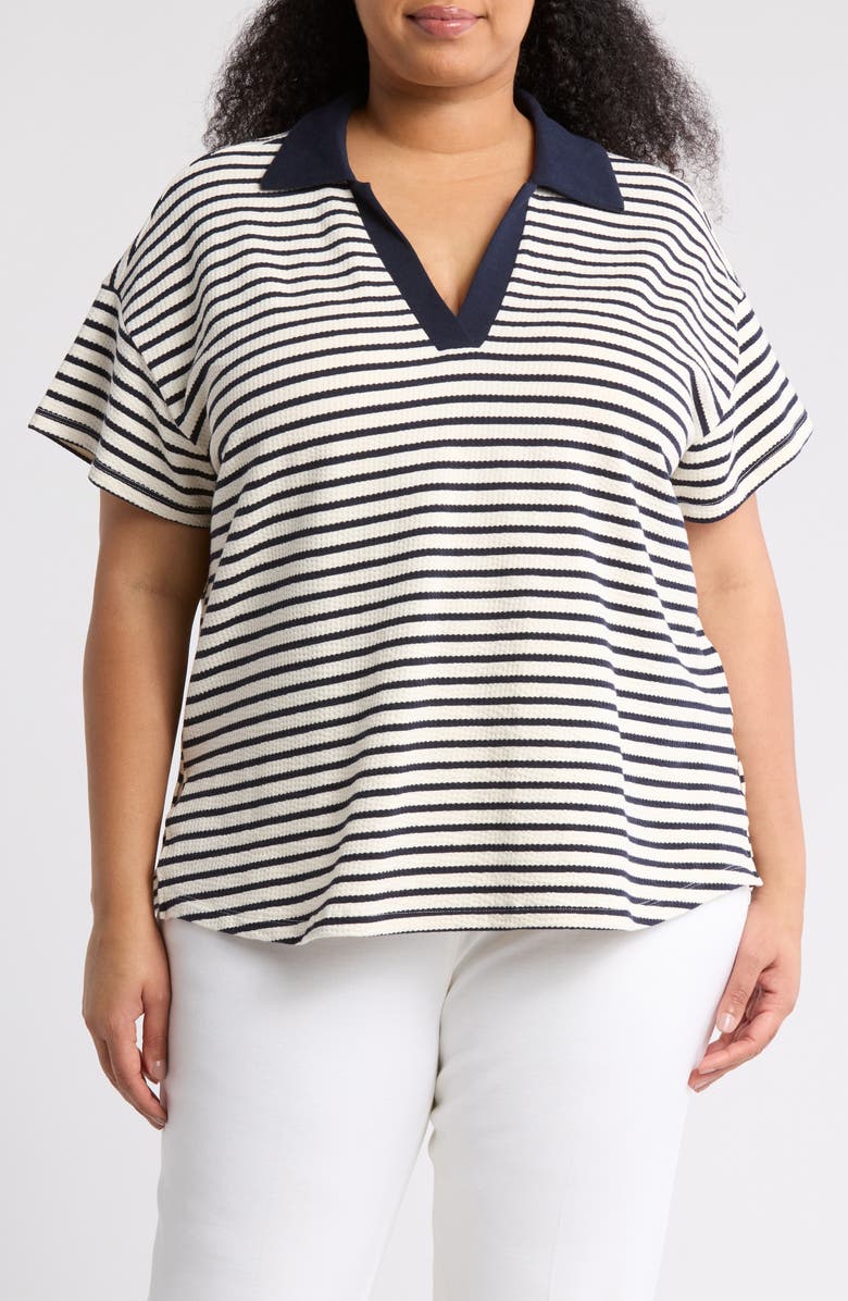 Adrianna Papell Striped Knit Polo, Main, color, Ivory/ Navy