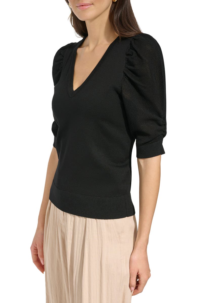 DKNY Puff Sleeve V-Neck Sweater, Alternate, color, Black