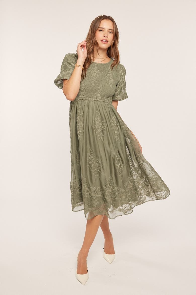 Olive Floral Lace Smocked Midi Dress, Alternate, color, Light Olive