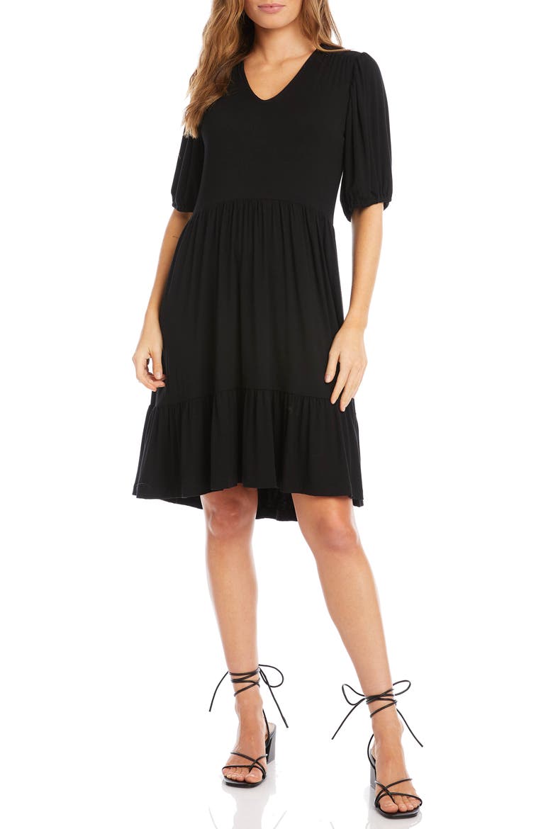 Tiered Puff Sleeve A-Line Dress, Main, color, BLACK